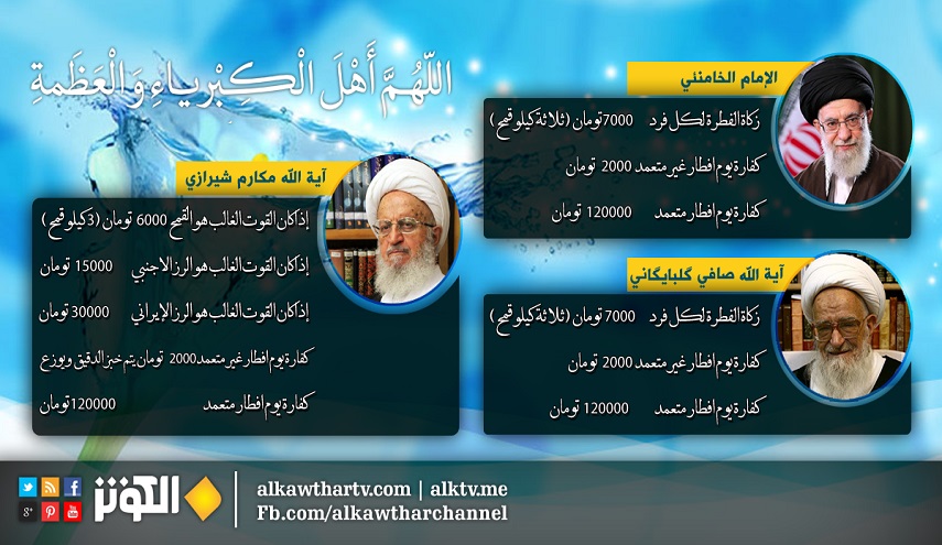 بالصورة.. ما هو مقدار زكاة الفطرة والكفارة حسب رأي الامام الخامنئي وآخرين...؟