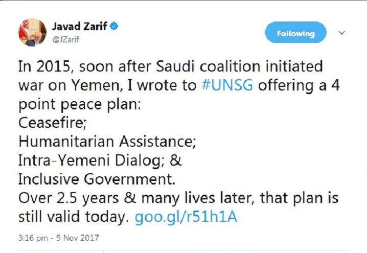 ظريف يؤكد علي مشروع السلام الايراني من اربع مواد لتسوية الازمة اليمنية
