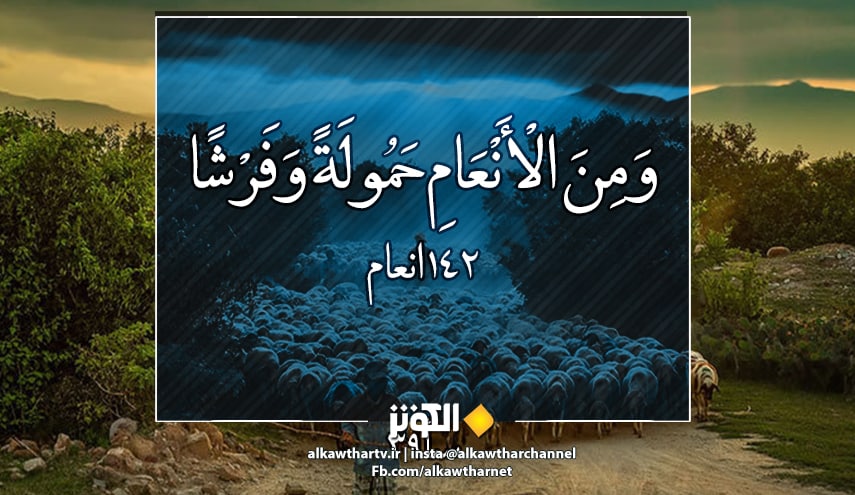{وَمِنَ الْأَنْعَامِ حَمُولَةً وَفَرْشًا كُلُوا مِمَّا رَزَقَكُمُ اللَّهُ وَلَا تَتَّبِعُوا خُطُوَاتِ الشَّيْطَانِ إِنَّهُ لَكُمْ عَدُوٌّ مُبِينٌ} ﴿سورة الأنعام – آية ١٤٢﴾.
