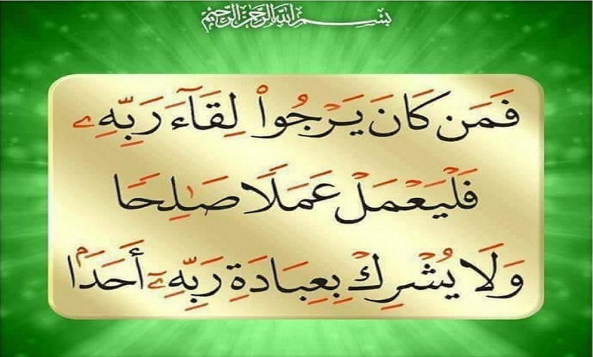 (ﻓَﻤَﻦ ﻛَﺎﻥَ ﻳَﺮْﺟُﻮا ﻟِﻘﺎﺀَ ﺭَﺑِّﻪِ فَلْيَعْمَلْ عَمَلاً ﺻَﺎﻟِﺤًﺎ ﻭَلا ﻳُﺸْﺮِﻙ ﺑِﻌَﺒﺎﺩَﺓ ﺭَﺑِّﻪِ ﺃَﺣَﺪًﺍ)، سورة الكهف، آية:   110   