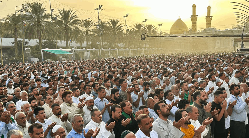 شاهد.. صلاة العيد بين الحرمين الشريفين في كربلاء المقدسة