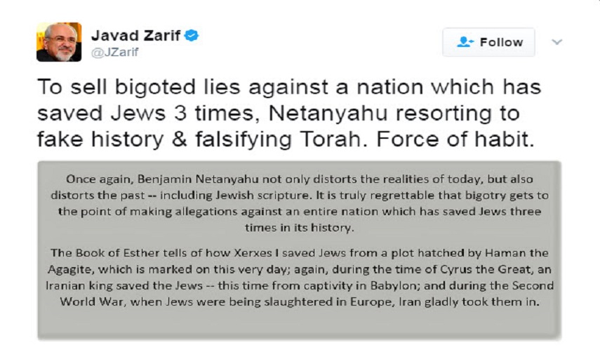 ظريف: نتنياهو معتاد على الكذب وحرّف التاريخ والتوراة