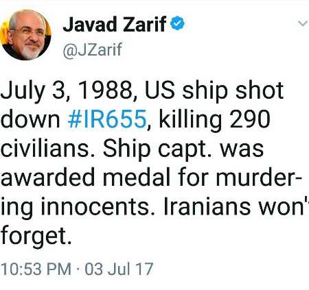 ظريف: ايران لن تنسى الاستهداف الاميركي لطائرة الركاب...
